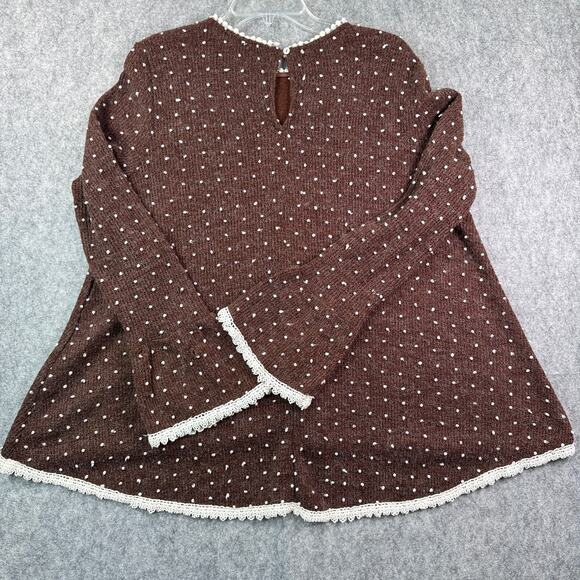 Altar'd State Women's L Brown Cream Polka Dot Cottage Boho Crochet Edge Sweater - Picture 2 of 7